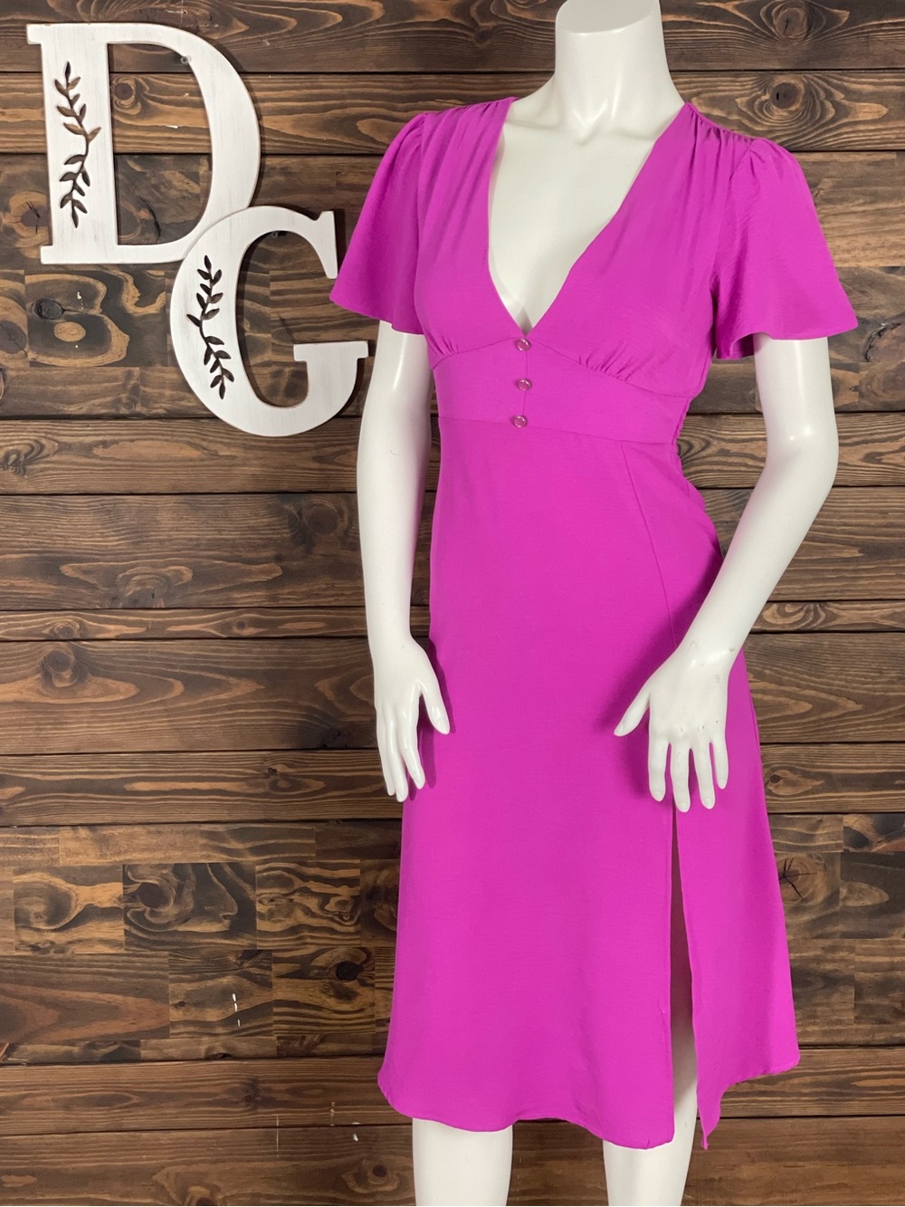 Monteau | Bright Fuchsia V-Neck Midi Dress Flutter Sleeves Faux Button Down